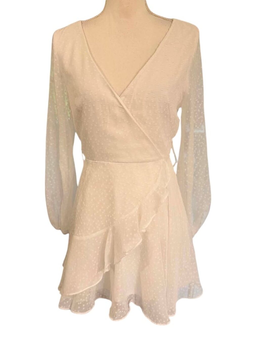 Mi Ami for Francesca's White Swiss Dot Ruffle Wrap Mini Dress